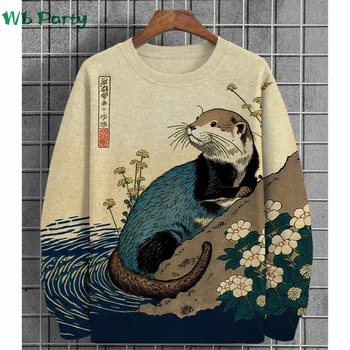Fashion Animal Print Men's Clothing 3D Print Ukiyo-E Men's Long Sleeve T-shirt Animal Graphic T shirts Round Neck Mens Clothes 1
