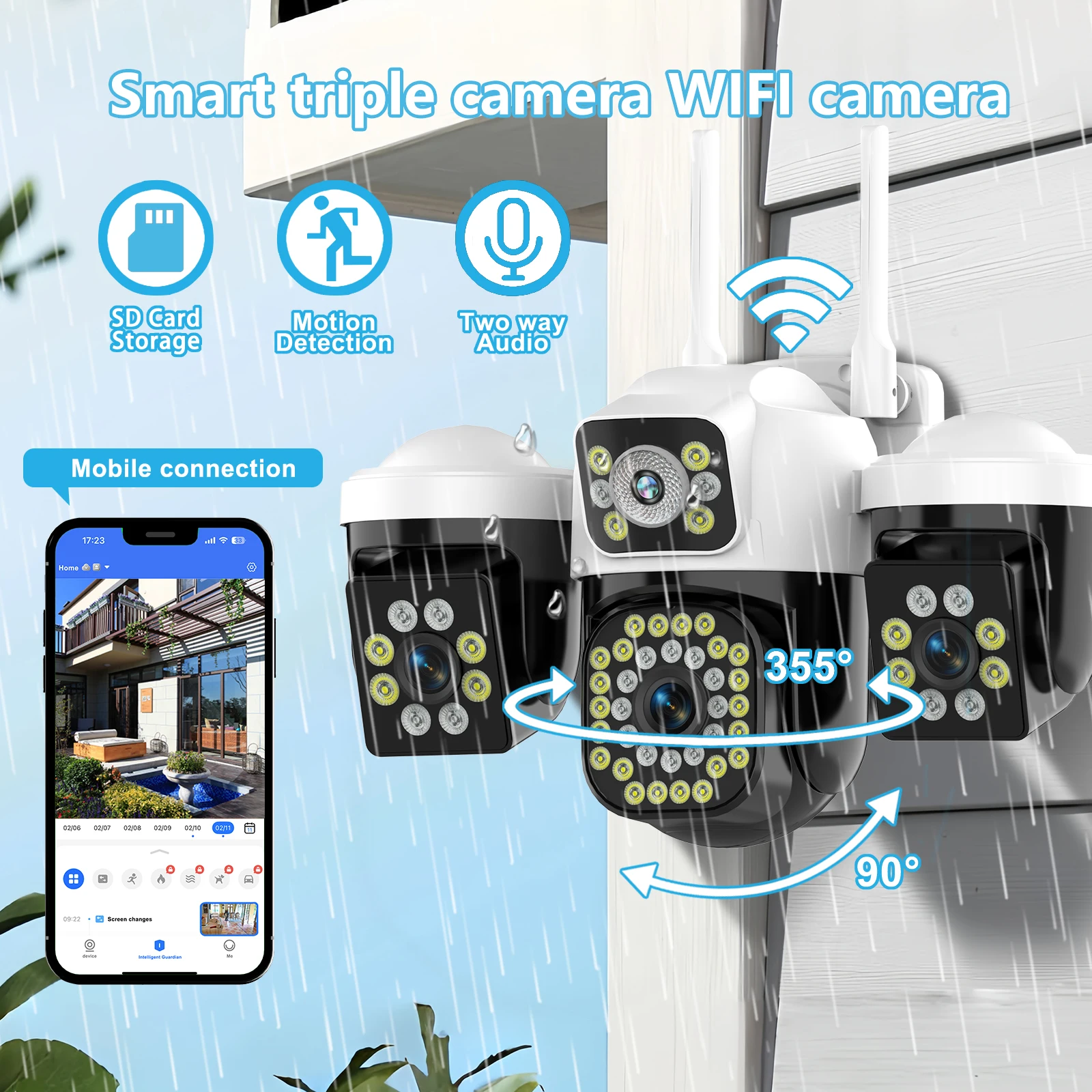 WiFi IP 카메라 야외용 15MP 8K 트리플 렌즈 트리플 스크린 보안 카메라 나이트 비전 인간 감지 보안 카메라 Onvif