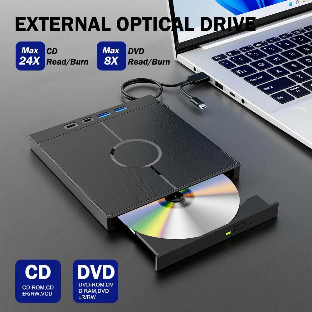 7-in-1 USB 3.0 Type C External CD DVD RW Optical Drive DVD Player Burner Reader Multi-Function Drive For Windows Mac PC Laptop Dvd Drive Dvd Writer External Optical Drive