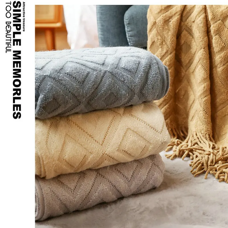 

Нордическое вязаное одеяло с кисточками, геометрическое жаккардовое одеяло с бриллиантами, покрывало для кровати, дивана, шаль, домашний текстиль, одеяло