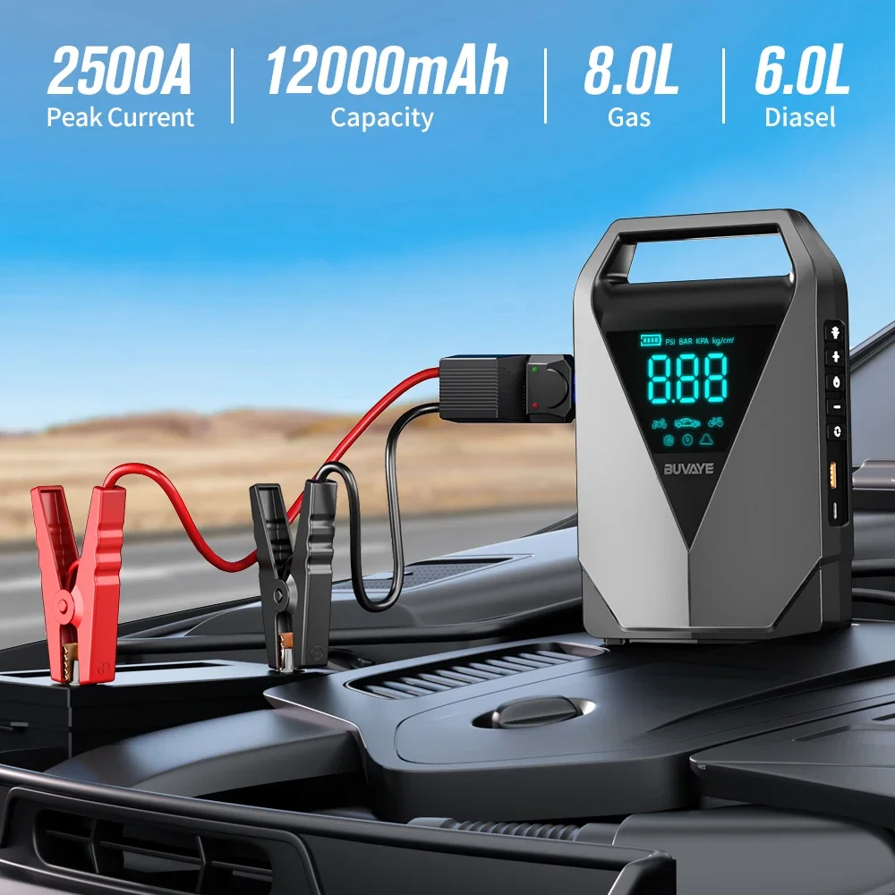 BUVAYE Jump Starter Air Compressor with Power Bank 2500A Battery Booster 12V Engine Starter 150PSI Electric Pump Tire Inflator