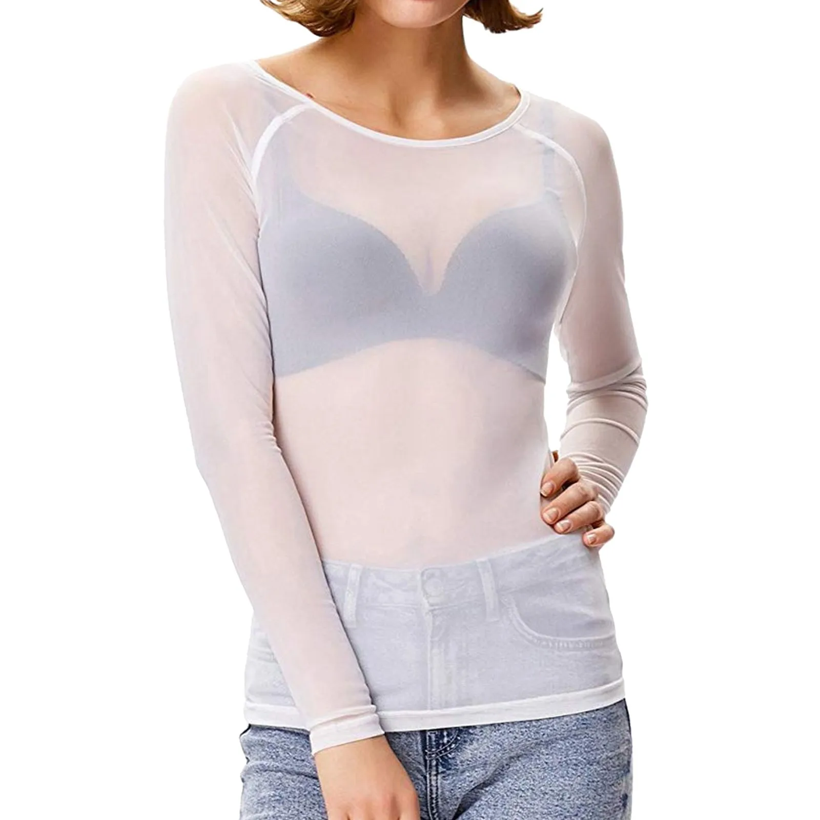 Tul Camiseta Transparente Color Piel Tops De Malla Para Mujer