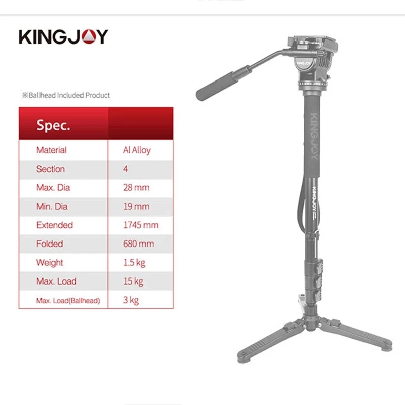 Kingjoy MP208F 세트 전문 모노포드 세트, DSLR 카메라 삼각대 스탠드 파라 모빌 유연한 삼각대 스태티브 SLR DSLR