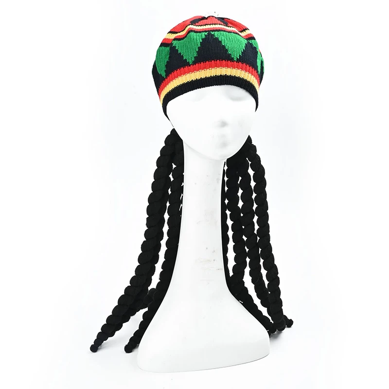 Jamaican Style Woven Knitted Wigs Beret Hat Black Dreadlocks Wig Rasta Wig Crocheted Knitted Beret Cap Reggae Wig Hat for Party 5