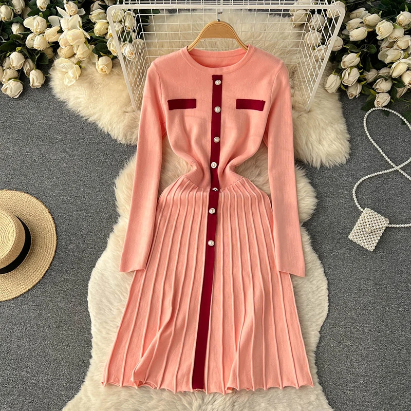 

New Casual Spring Autumn Solid Button Slim Full Lady Dress A Line O Neck Chiffon Single Breasted Women Jersey Dresses