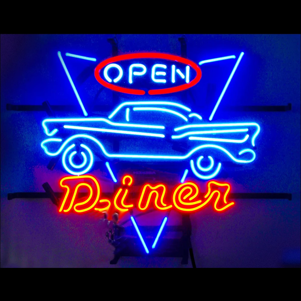 Classic Car Diner Open Neon Sign Light Custom Handmade Real Glass Tube Store Restaurant Advertise Room Decor Display Lamp 20X24"