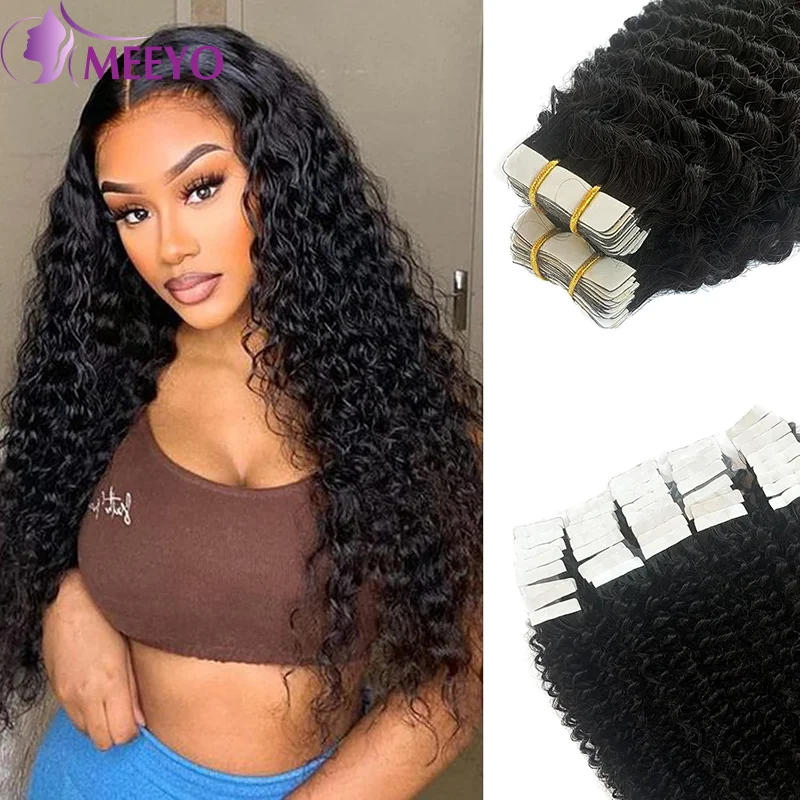 Curly Tape In Extensions Human Hair Deep Wave Brazilian Natural Human Hair Extensions Invisible Seamless Curly Tape Ins 50G/Pack