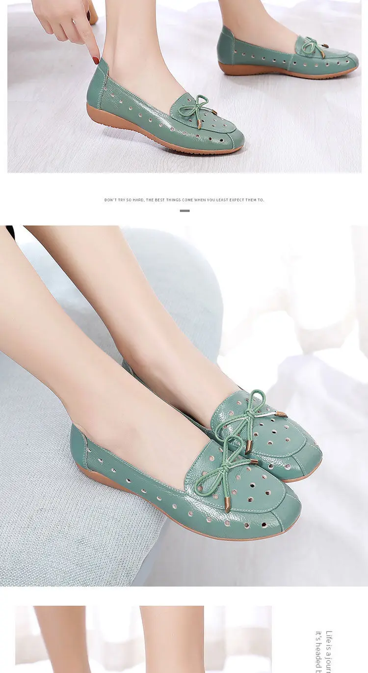 2022 Summer Mom Cowhide Leather Moccasins Woman Slip On Wedges Shoes Designer Breathable Hollow Out Bowtie Ballet Flats