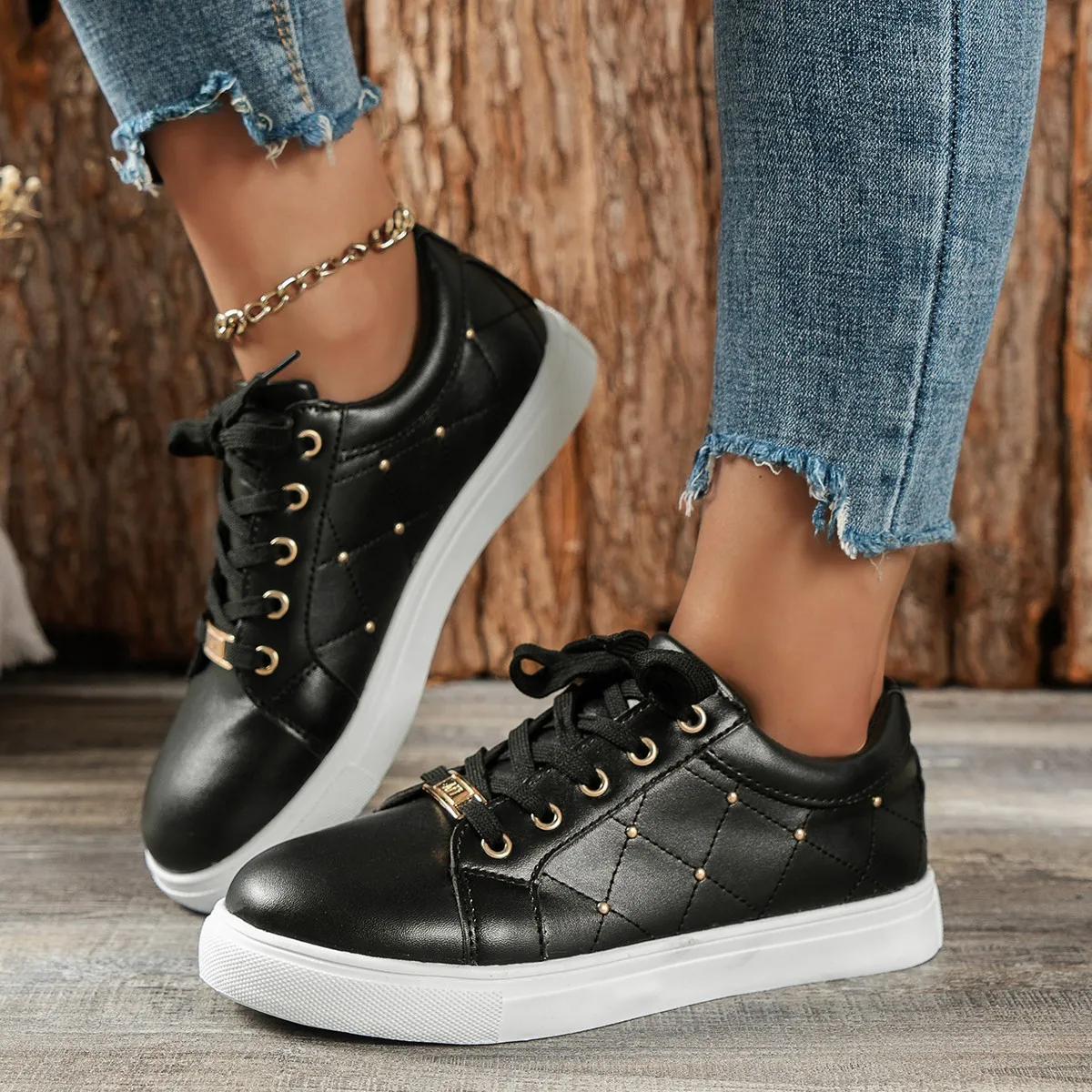 

White Shoes Women Fashion Round Toe Rivet Platform Shoes Casual Shoes Women Lace Up Flats Women Loafers