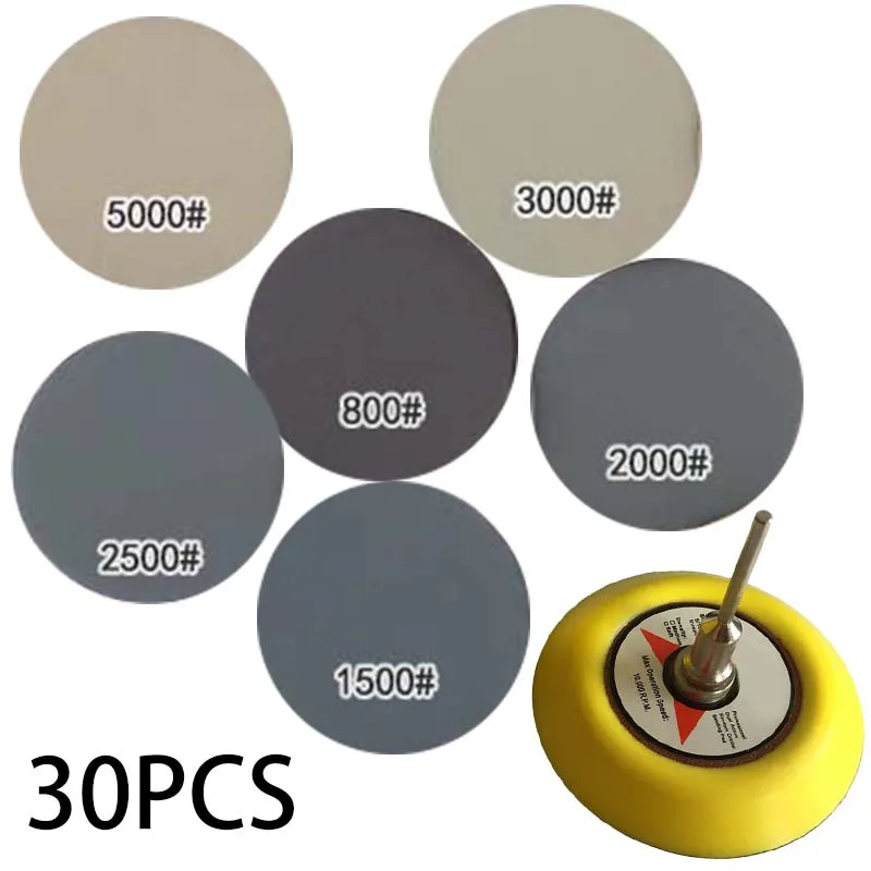 

30pcs Waterproof Sandpapers Hook And Loop+Sanding Backup Pad+Soft Interface Pad 800 / 1500 / 2000 / 2500 / 3000 / 5000 Grit