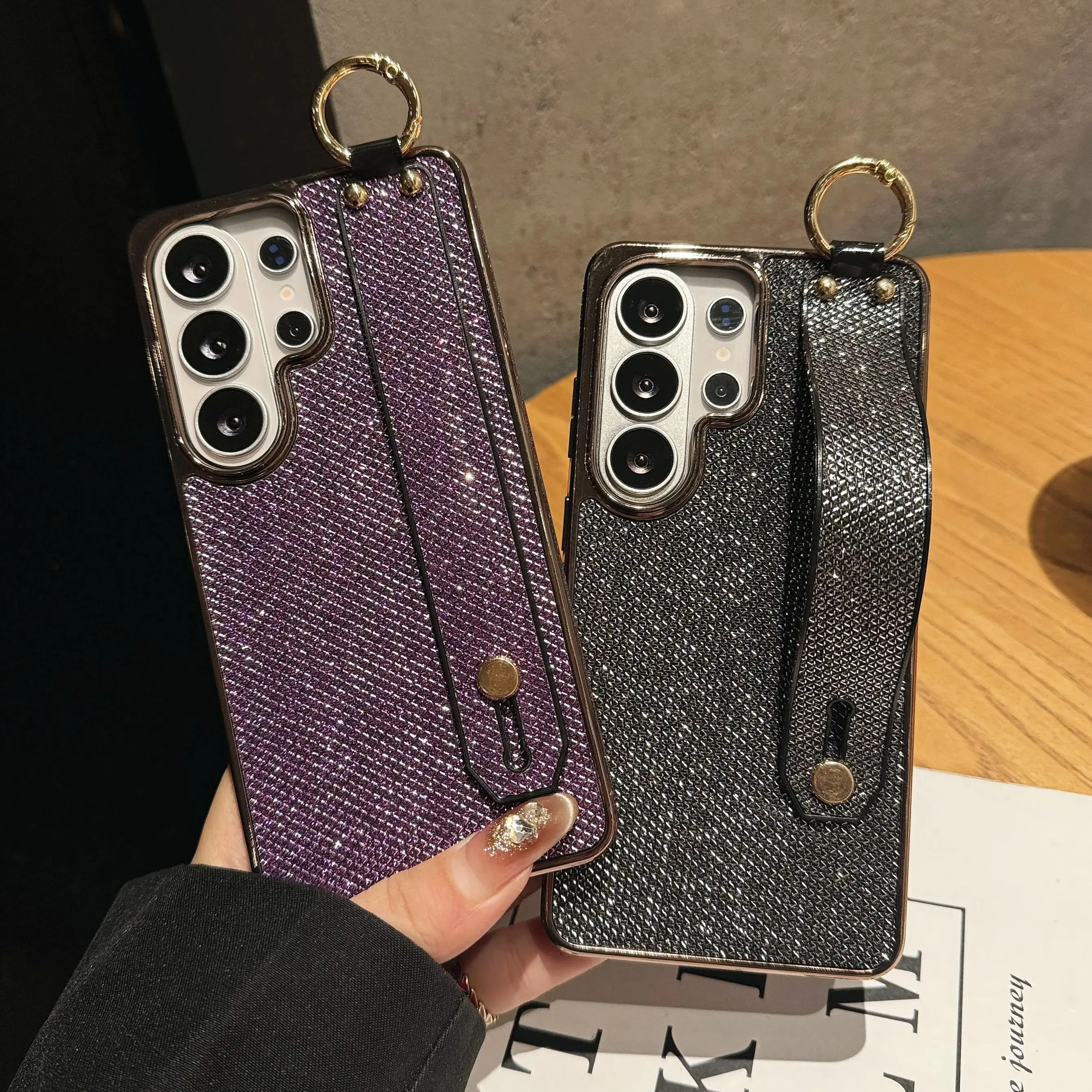Sparkling Plating Wrist Strap Holder Case with Hand Bracket and Enhanced Camera Protection