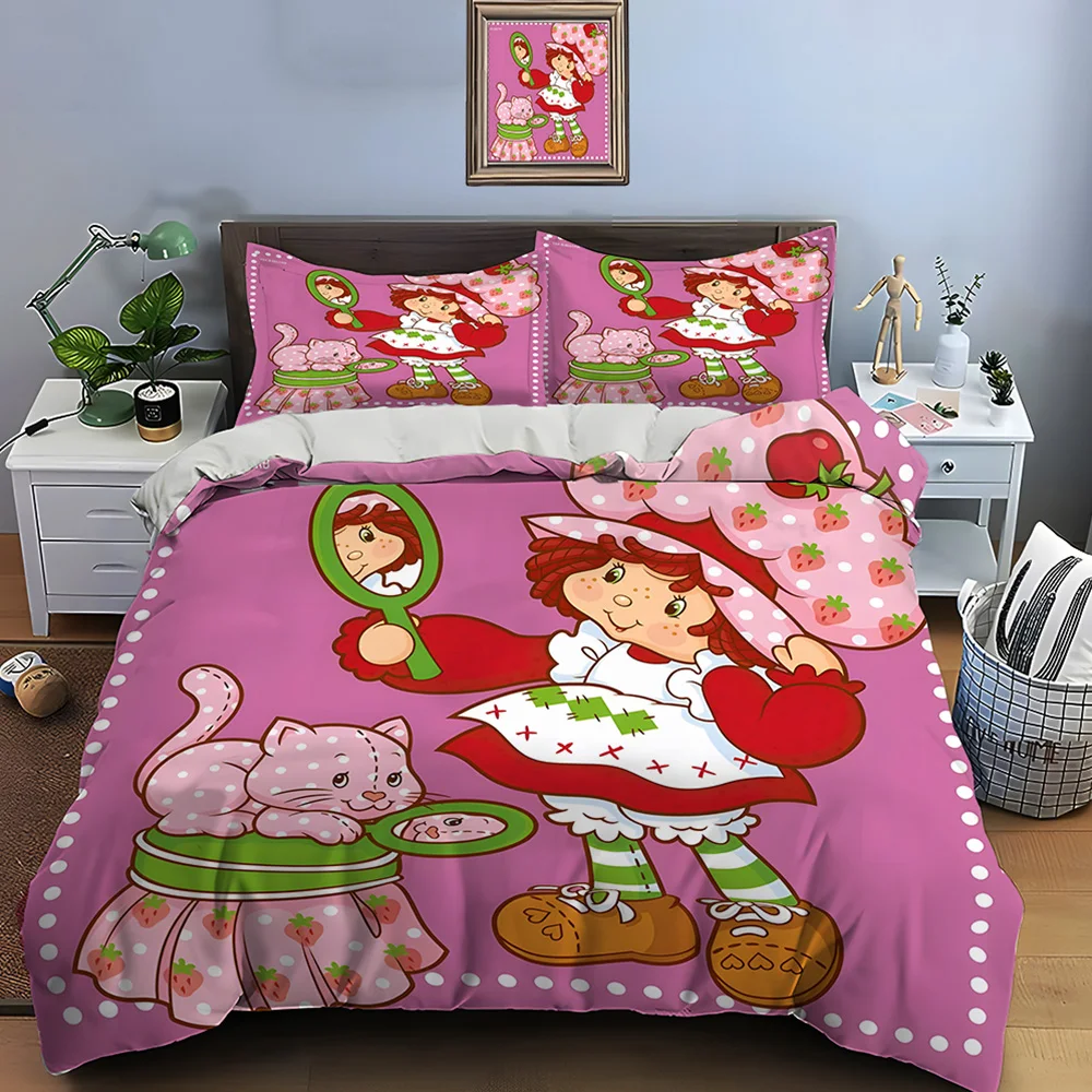 3pcs Cuete Cartoon E-Emily Erdbeer Friends 인쇄 된 침구 세트 1 이불 커버 2 베개 커버 소년 소녀 어린이 럭셔리 선물