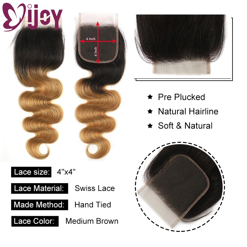 Body Wave Human Hair Bundles With Closure 3/4 Bundles With 4x4 Closure Ombre Honey Blonde Brazilian Remy Hair Bundles IJOY