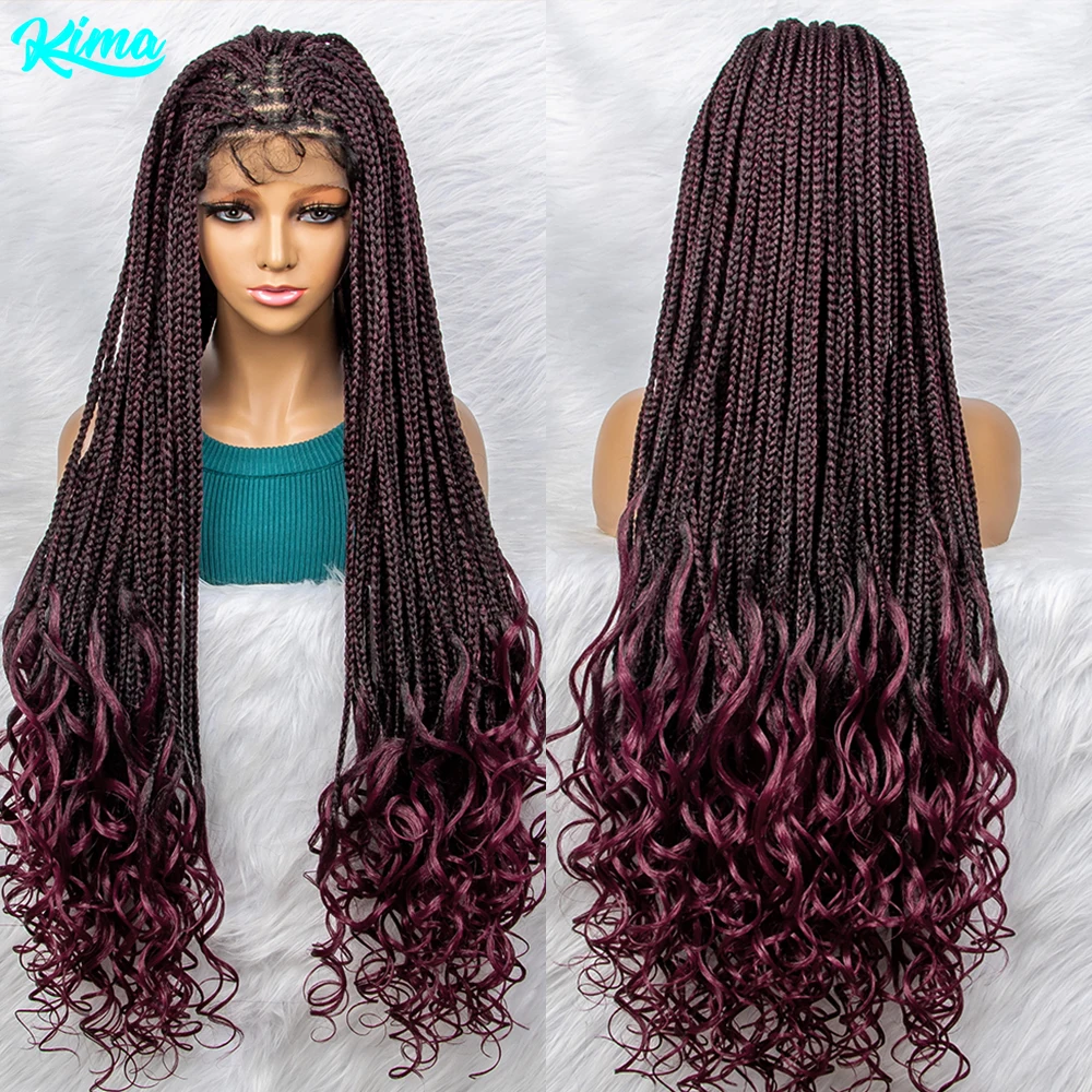 36 inch Burgundy 99J Color Synthetic Lace Front Wig Braided Wigs