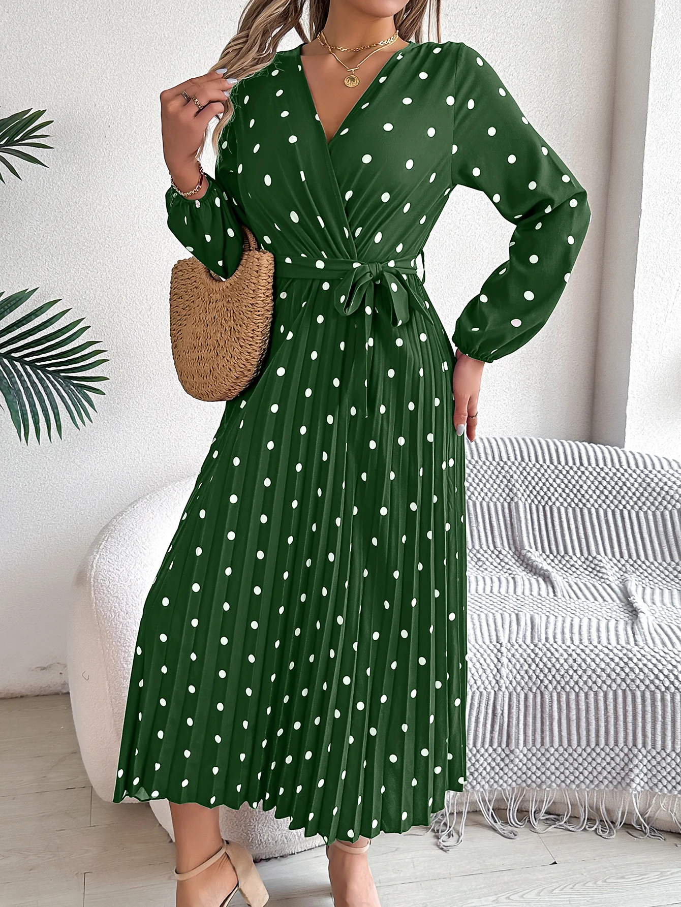 Elegant Long Sleeve Polka Dot Bridesmaid Dress
