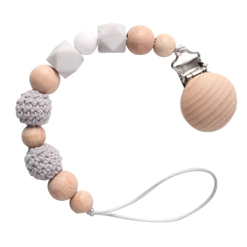 Pacifier Clip Baby Wood Silicone Crochet Beads Soothe Teethers Toy Dummy Nipple Holder Anti-drop Chain