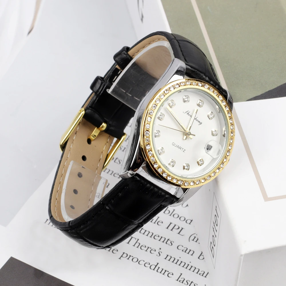 Ladies Watch Rhinestone Black Leather Bracelet Wristwatch Women Fashion Ladies Alloy Calendar Quartz Watches
