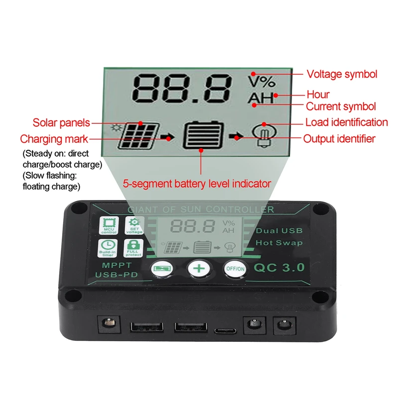 Solar Battery Charge Controller 30A/60A/100A MPPT Regulator Dual USB PV Panel