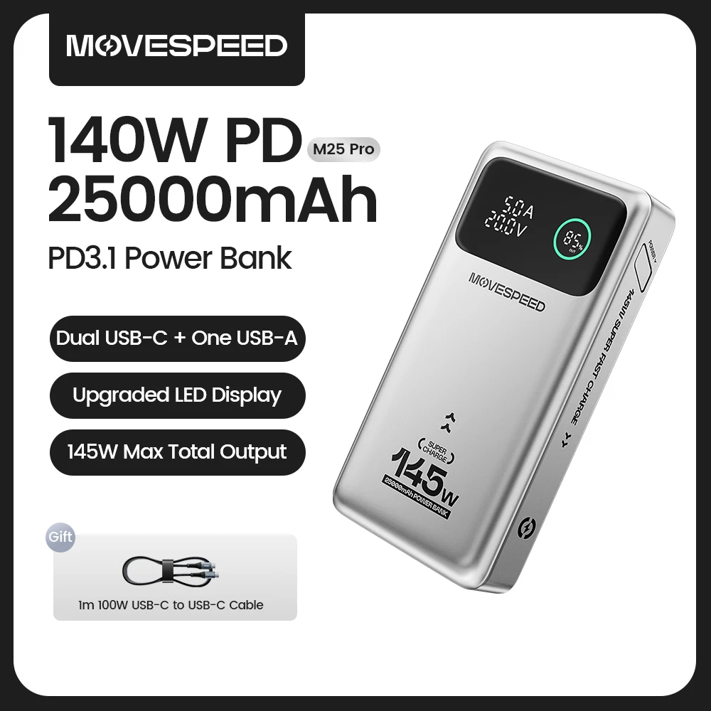 Movespeed m25pro 140w Carregador Portátil 25000mah pd3.1 carga rápida bateria externa portátil 100w powerbank para macbook notebook para Motorola Samsung
