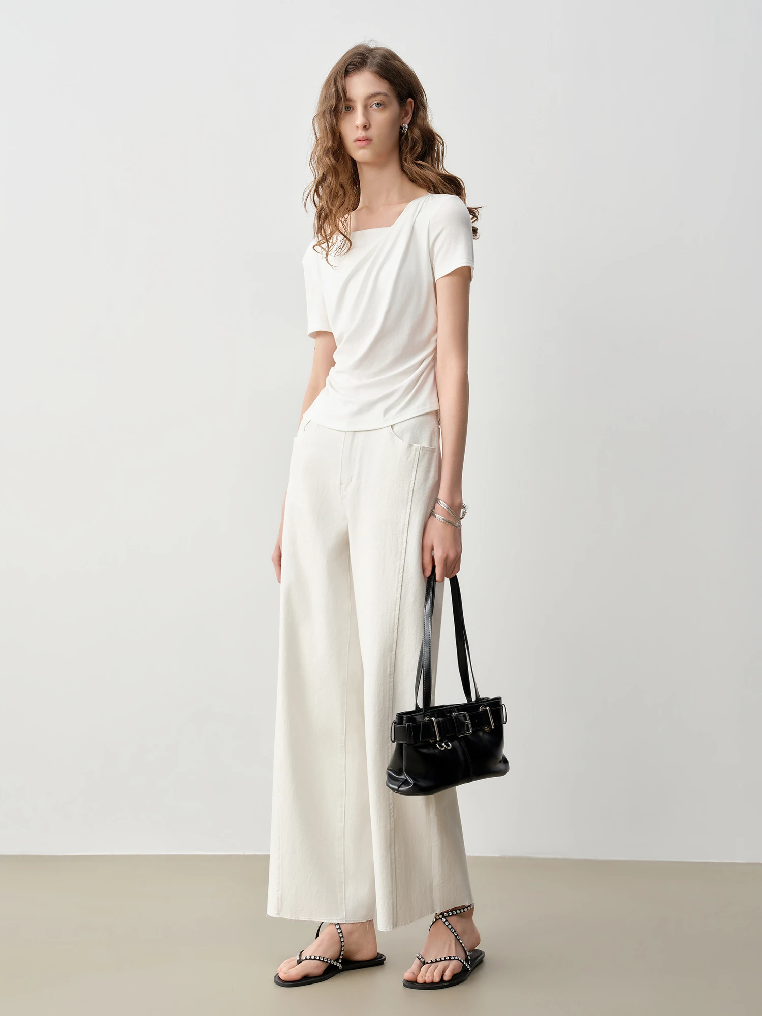 ZIQIAO Patchwork Design Straight Ankle-length Jeans Frayed Edges Women's Spring 2026 New Arrivals Commuting Basics 3