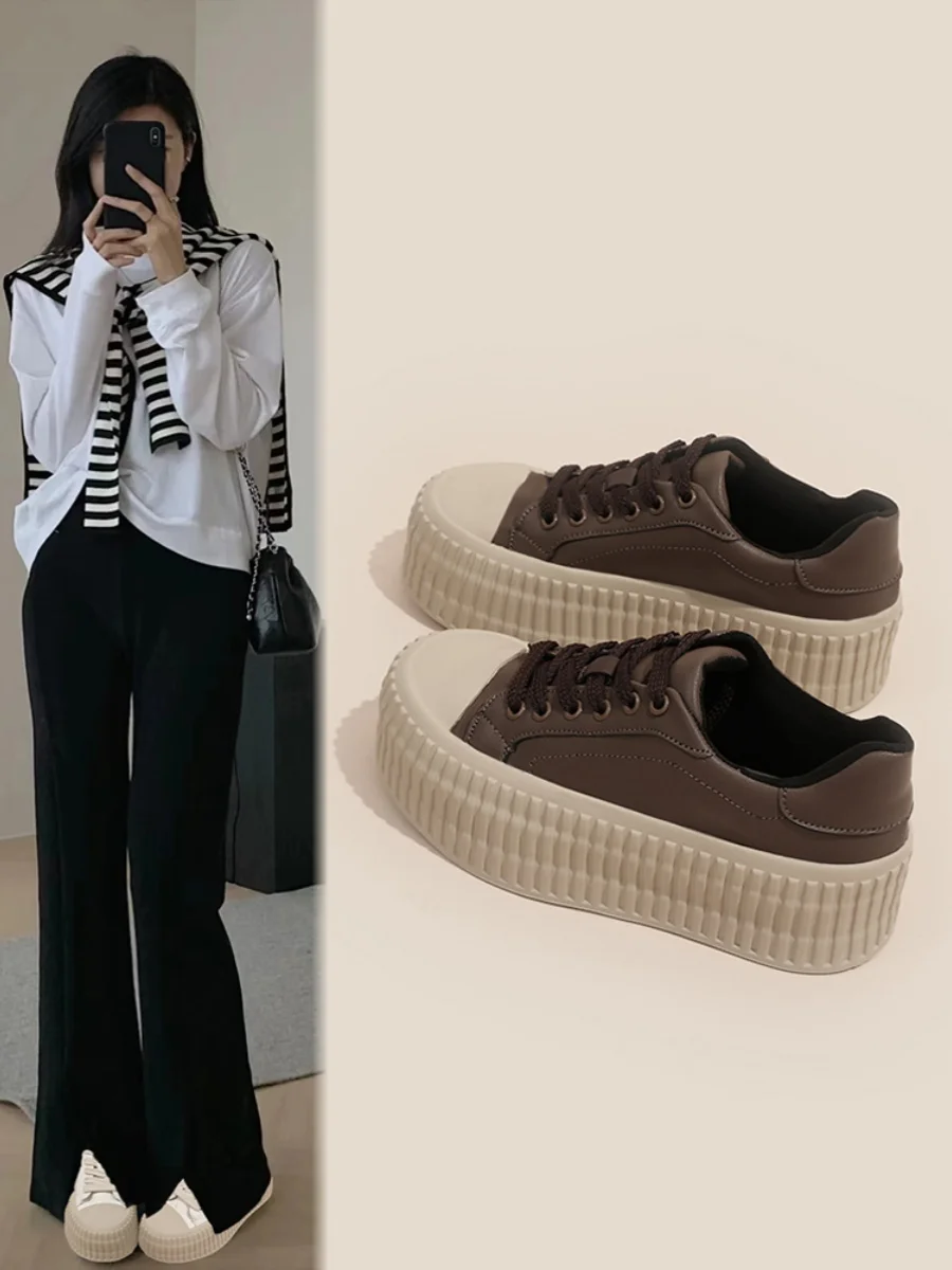 

Shallow Mouth Korean Shoes All-Match Round Toe Casual Female Sneakers 2023 Small New Lace-Up Leisure PVC Fabric PU Basic Solid