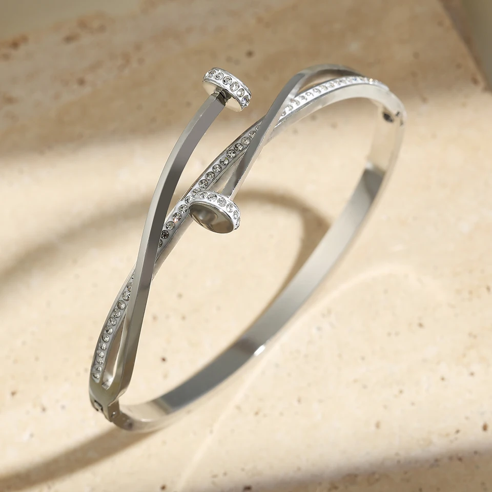 Luxury Unique Double Crystal Nail Head Cross Stainless Steel Bracelet For Woman Love Wedding Gift Bangle Jewelry