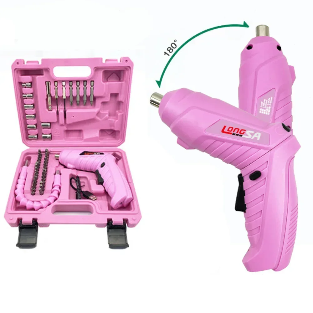 

New Full Pink Electric Screwdriver Alloy Steel Bit Battery Fast Charging DIY Handicrafts Repair Power Tools Set