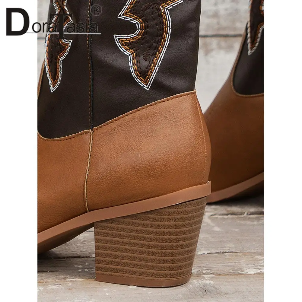 Brand New Ladies Mixed Colors Western Cowboy Boots Fashion Embroider Chunky Heels women's Boots Autumn Winter Woman Shoes