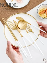  Matte White Gold 18/10 Stainless Steel Luxury Cutlery Tableware Knife Coffee Spoon Fork Chopsticks Flatware Set Dishwasher Safe 