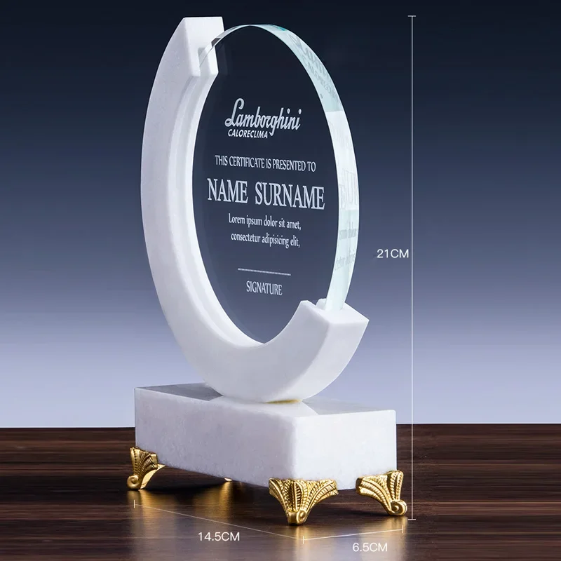 Customized Award White Marble Trophy, Wooden Crystal Trophy, Creative, High-End Honor, authorization Card, Round Trophy, 1Pc