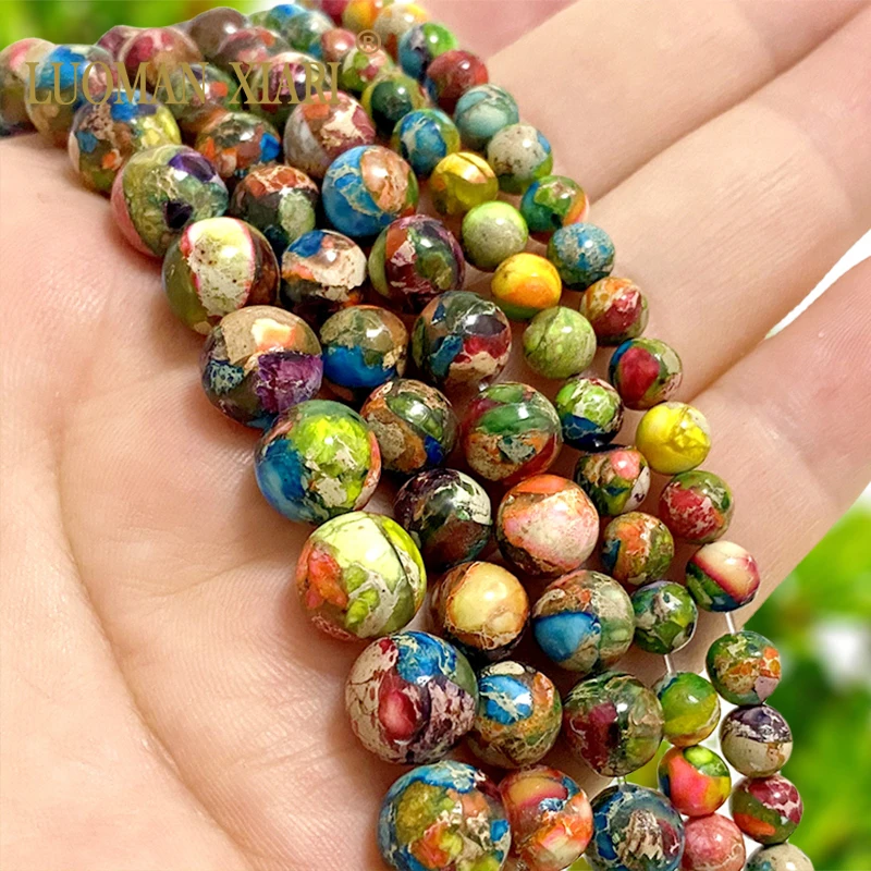 Natural Stone Spacer Beads para Fazer Jóias, Sedimentos Marinhos, Jasper, Turquesa, Colorido, DIY Pulseiras Acessórios, 4mm, 6mm, 8mm, 10mm