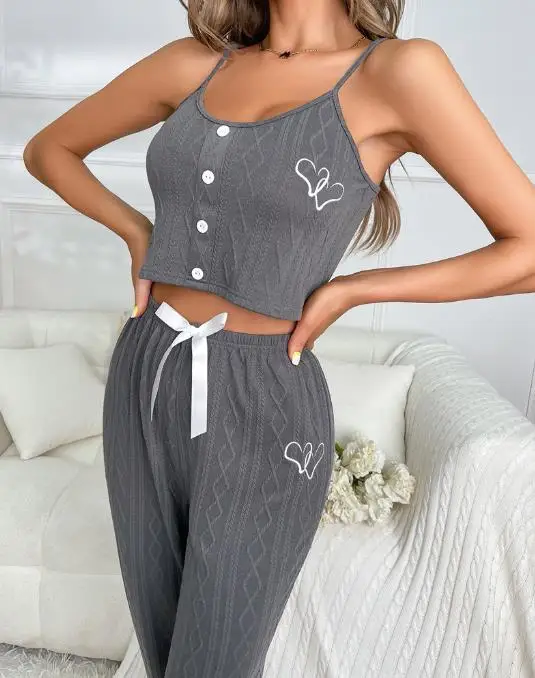 

2023 New Buttoned Cable Textured Cami Set Loungewear Comfortablev Heart Print Casual Pajamas Suit Two Piece Set for Women