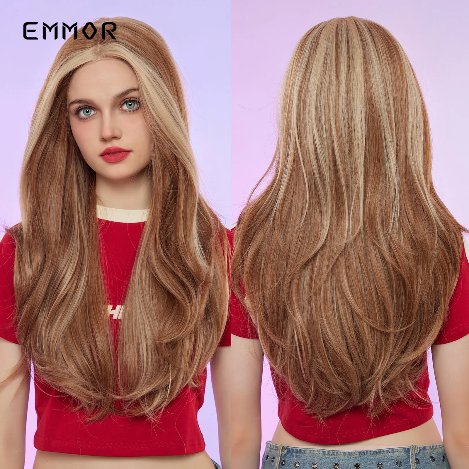 

Emmor Brown Front Lace Wigs Ombre Blonde Simulation of Human Hair 13x4 Wavy Wig Cosplay Use Daily Parted Hair Wigs For Women