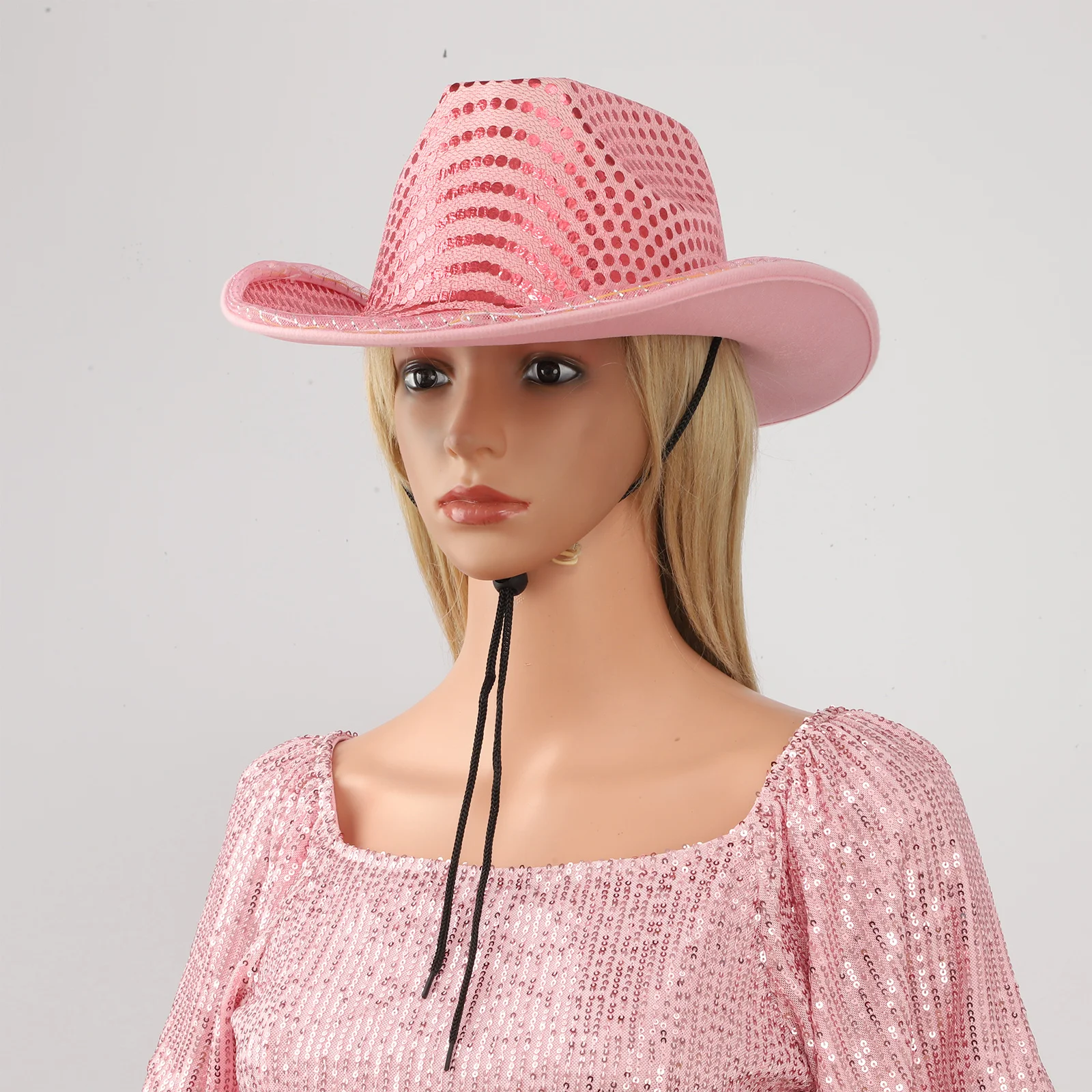 Mens LED Light Up Western Cowboy Hat Adjustable Drawstring Shiny Sequin Flashing Lights Sun Hat Cowboy Halloween Party
