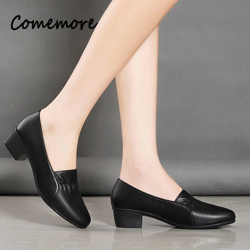 Comemore Loafers Shoes Women Medium Heels Leather Black Lady Work Professional Shoe New Luxury Designer Heels Zapatos De Mujer 3