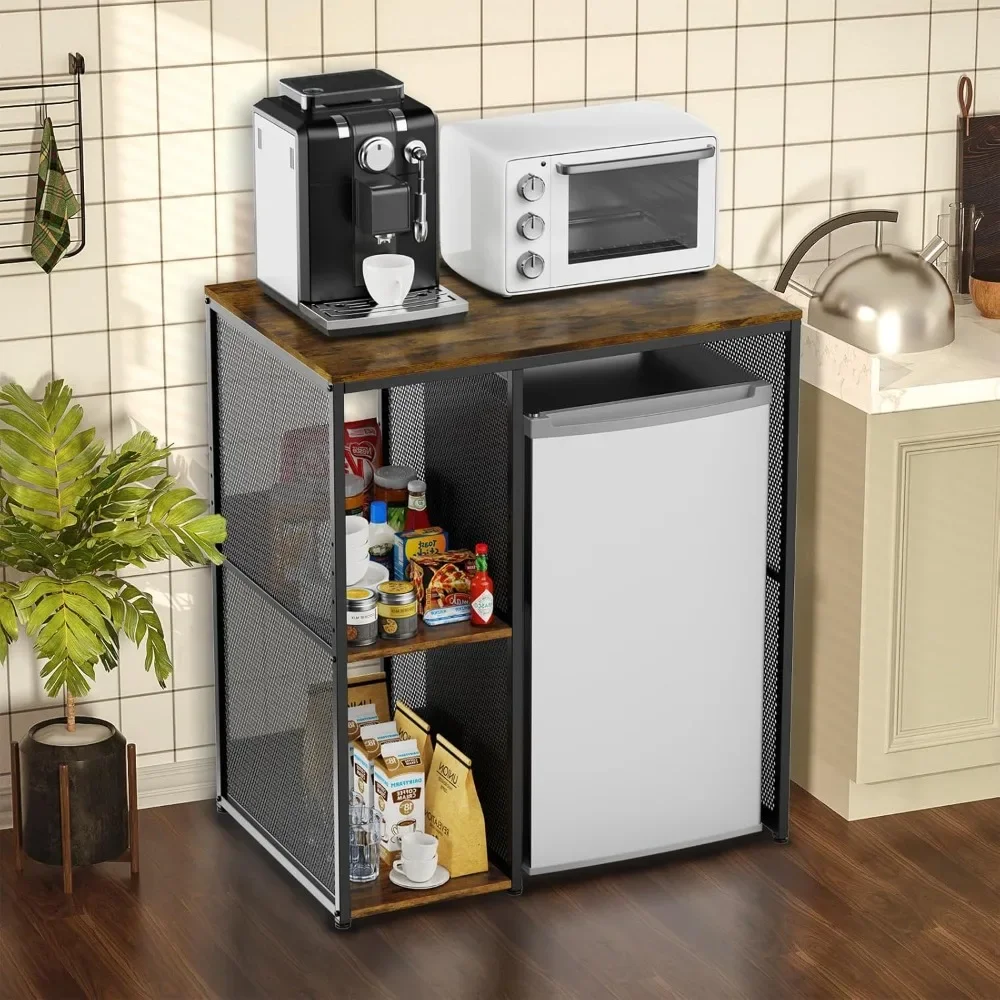 3-Tier Mini Fridge Cabinet with Storage, Industrial Style Kitchen Microwave Stand Baker Rack, Utility Storage Shelf 2