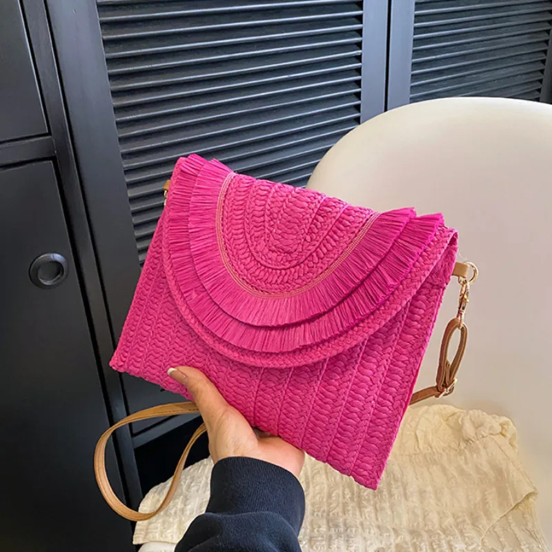 WEIMZC Borsa Di Paglia Intrecciata Boho Donna - Pochette Estiva A Tracolla Con Manico Da Polso, Rafia Naturale Per Spiaggia E Vacanze - 2