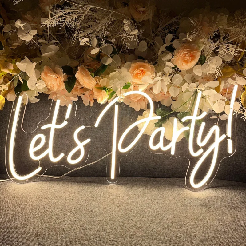 

Custom Free Designer Acrylic Logo High Quality 12V Lights Up Lets Party Custom LED Neon Sign for Wedding Party Wall Decor