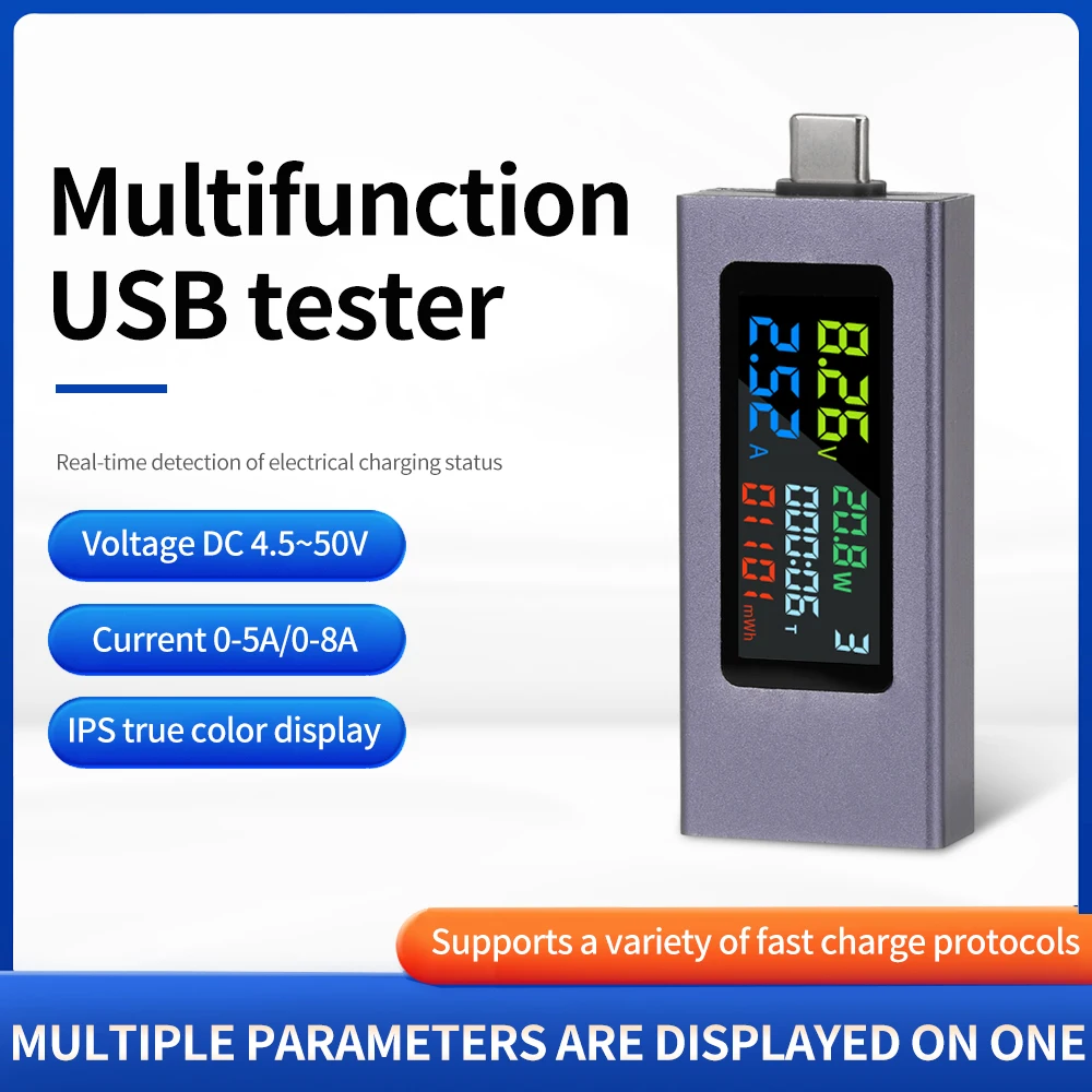Type-C 테스터 전력계 디지털 디스플레이 전압 전류 USB C 전력계 충전기용 용량 테스터 DC 4.550V 0-8A