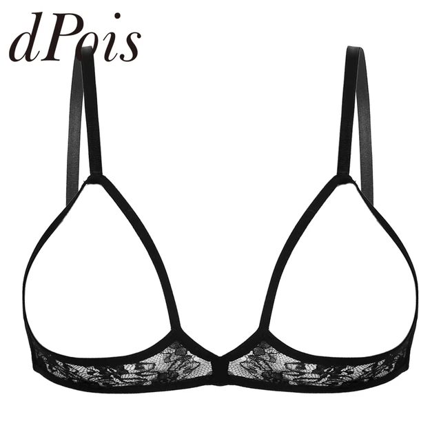 Womens Open Cups Bra Wireless Bra Adjustable Straps Unlined Sheer