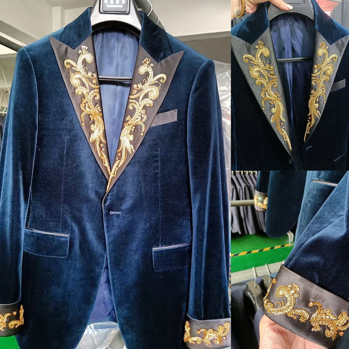 Autumn Luxury Men's Wedding Blazer Appliques Peak Lapel Groom Wear Velvet Tuxedos For Prom Evening Party Made Only Coat