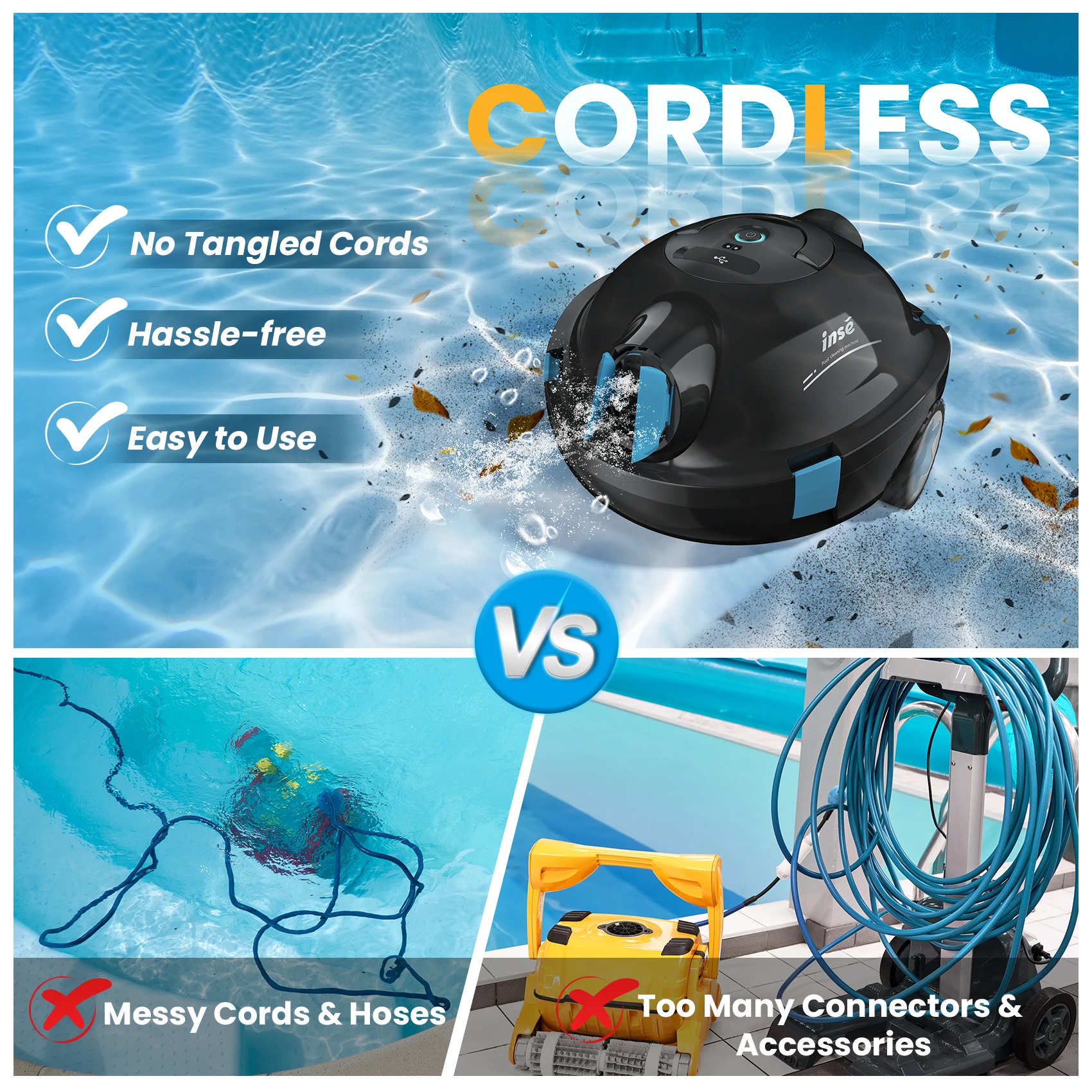 INSE Automatic Cordless Robotic Pool Cleaner,90 Mins Runtime,Self-Parking,for Flat Above/In-Ground Pool up to 65 Feet/1100 Sq.Ft 4