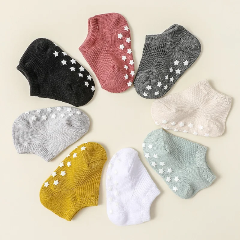 8 Pairs Baby Non-Slip Socks Solid Color Childrens Boys Girls Floor Socks Comfortable for Toddler