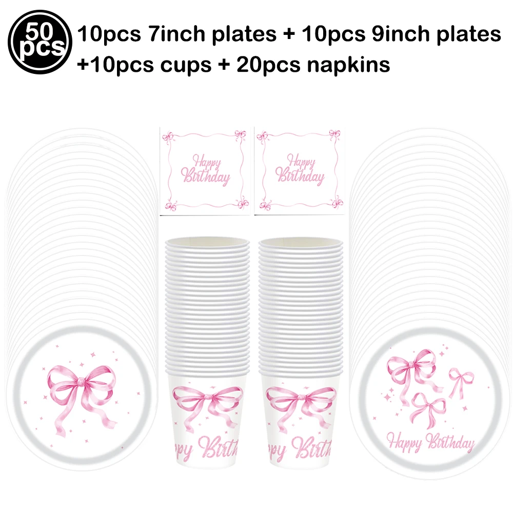 Pink Bow Party Supplies: Elegant Disposable Tableware Set
