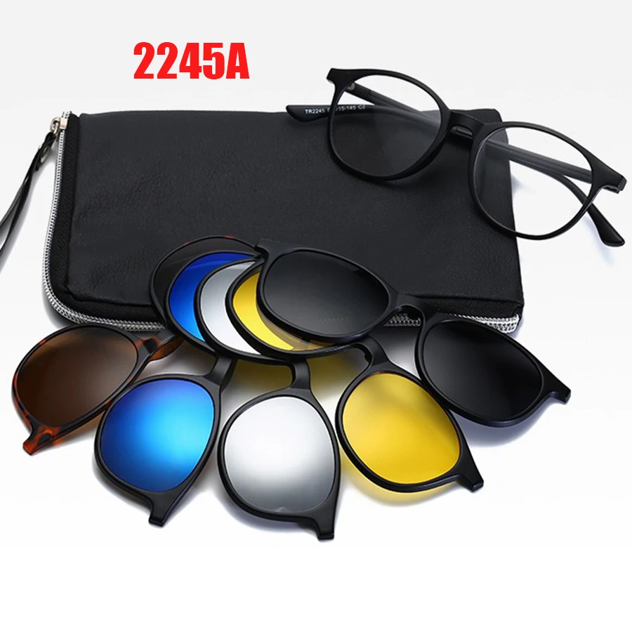 

6 In 1 Spectacle Frame Men Women With 5 PCS Clip On Polarized Sunglasses Magnetic Glasses Male Computer Optical 2245