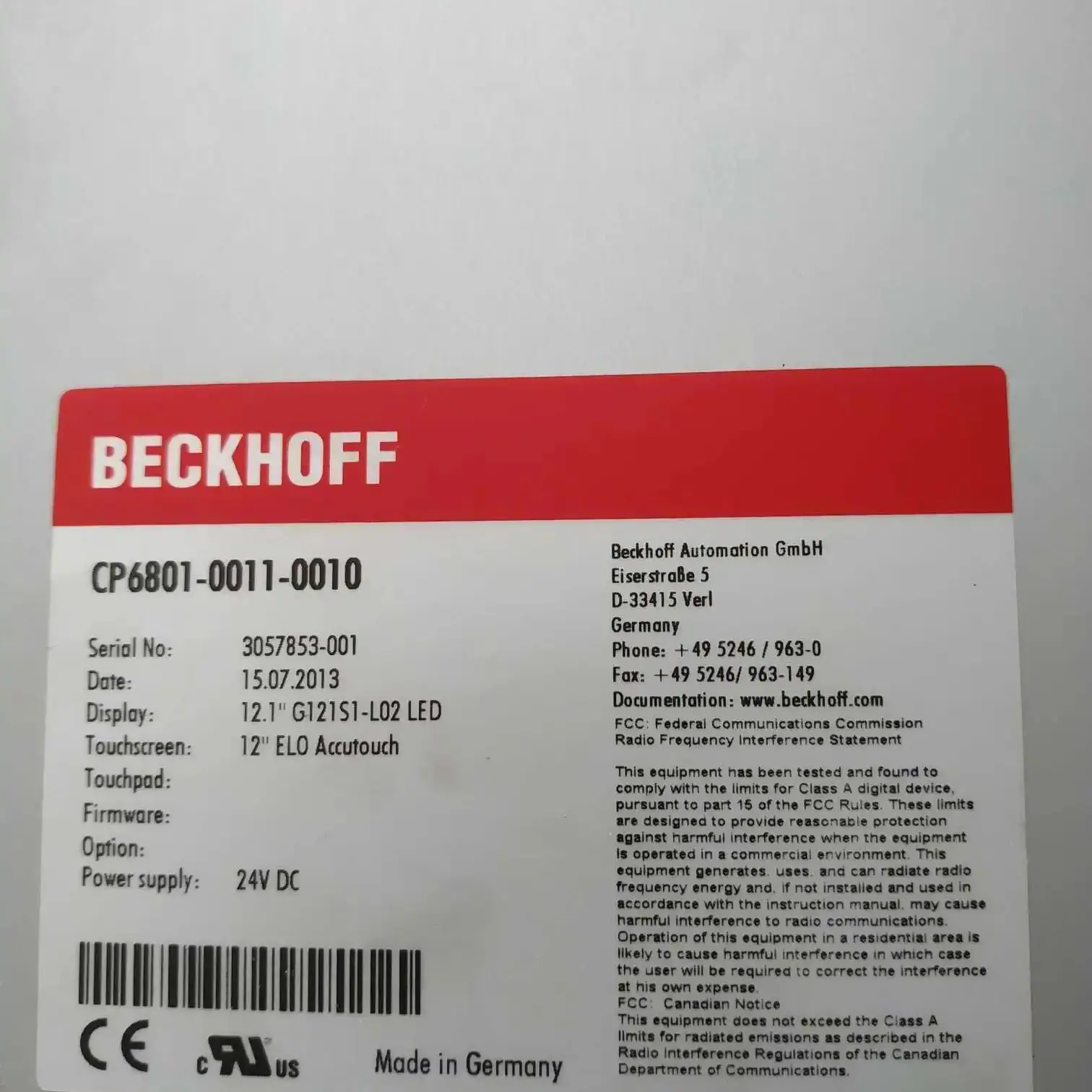 Beckhoff용 CP6801-0011-0010 조작 패널