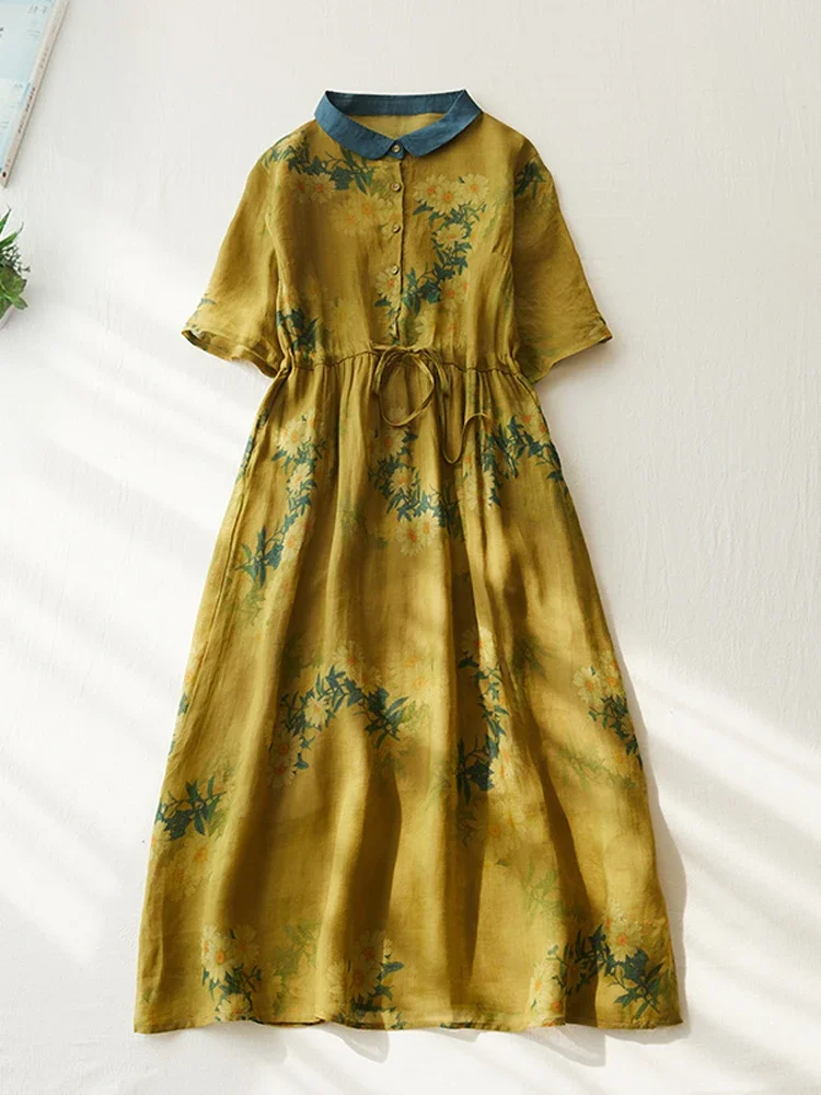 

2024 новые литературные повседневные свободные хлопковые женские платья с воротником «Питер Пэн» на завязках с высокой талией средней длины платья Z411