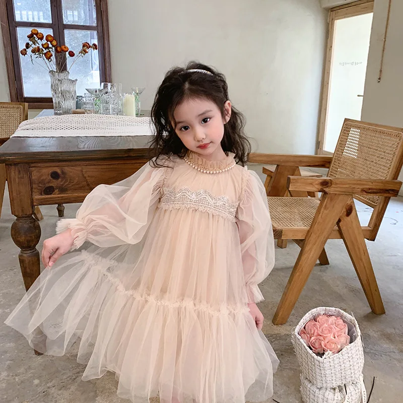 Girls' Spring and Autumn Dress2024New Children's Baby Girl Western Style Lace Splicing Puffy Gauze Princess Dress 2