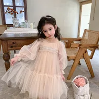 Girls' Spring and Autumn Dress2024New Children's Baby Girl Western Style Lace Splicing Puffy Gauze Princess Dress 2