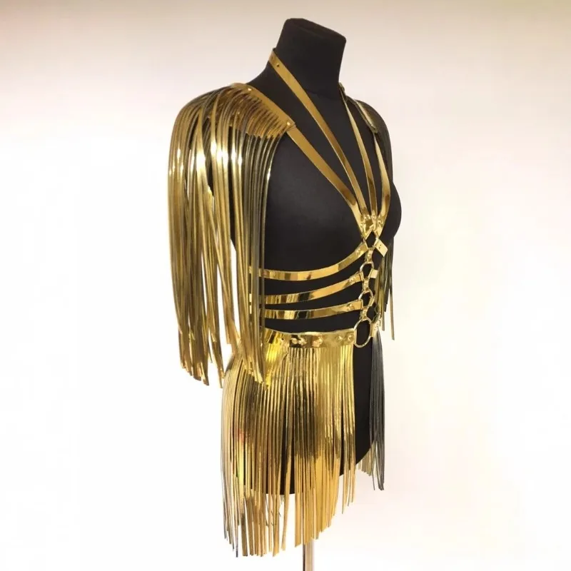 Women Gold Shiny Metallic Gilding Tassel 2 Piece Set Hollow Out Straps Halter Shawl Cape Crop Tops + Mini Skirts Clubwear Suits